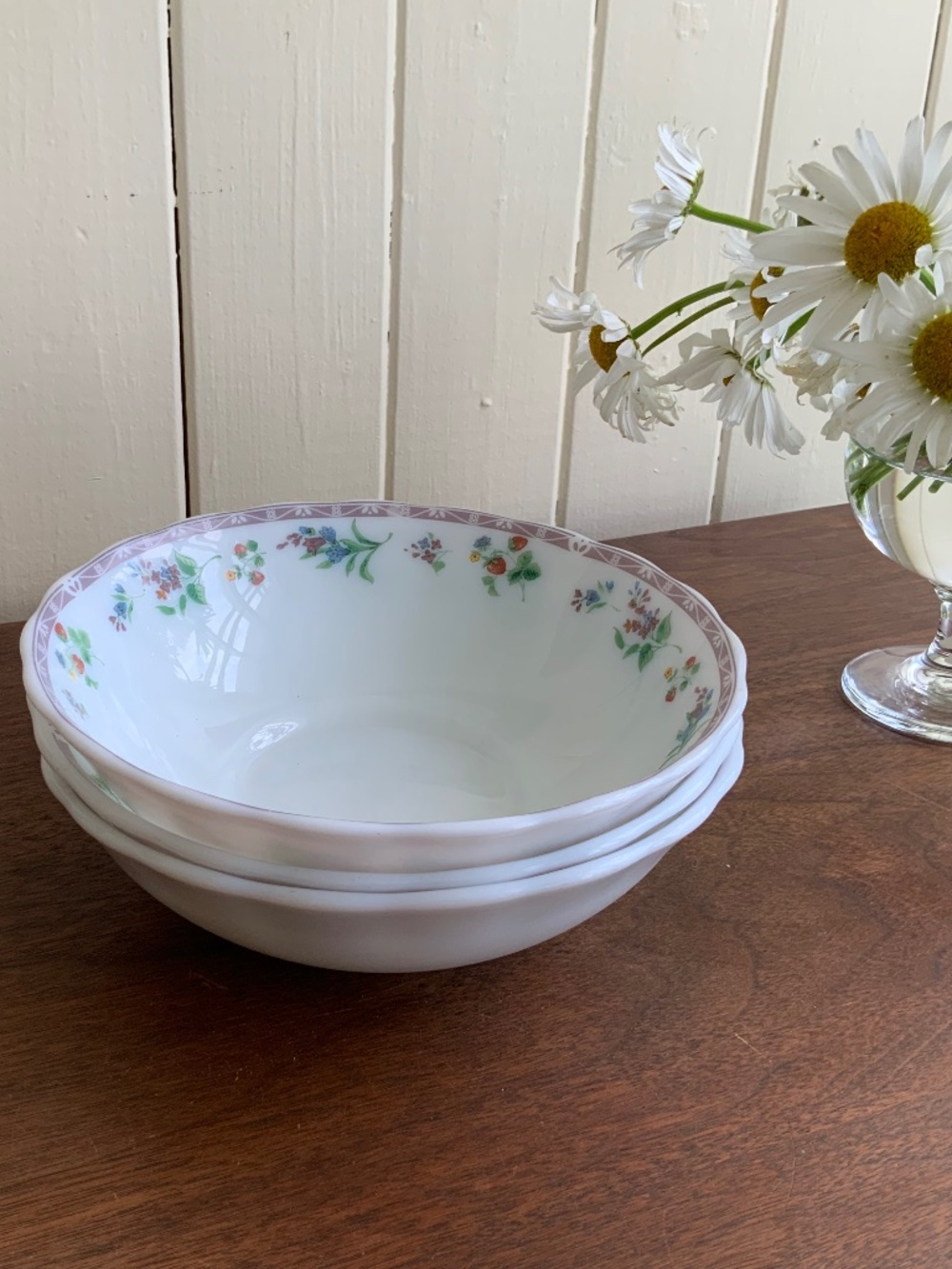 Gibson Vintage Opal Glass Bowls Set (3) - Floral & Strawberry Pattern